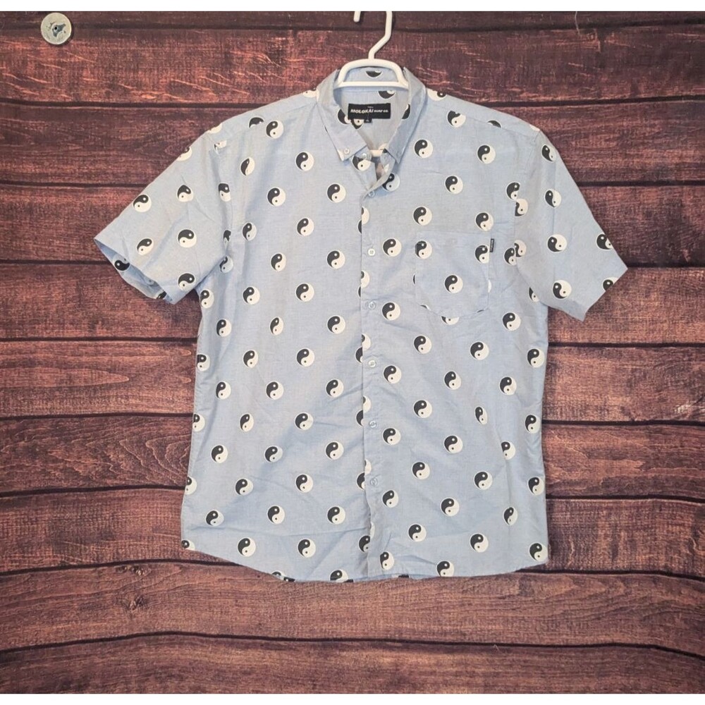 Molokai Surf Co Yin Yang‎ Short Sleeve Button Down Shirt Light Blue Mens XL